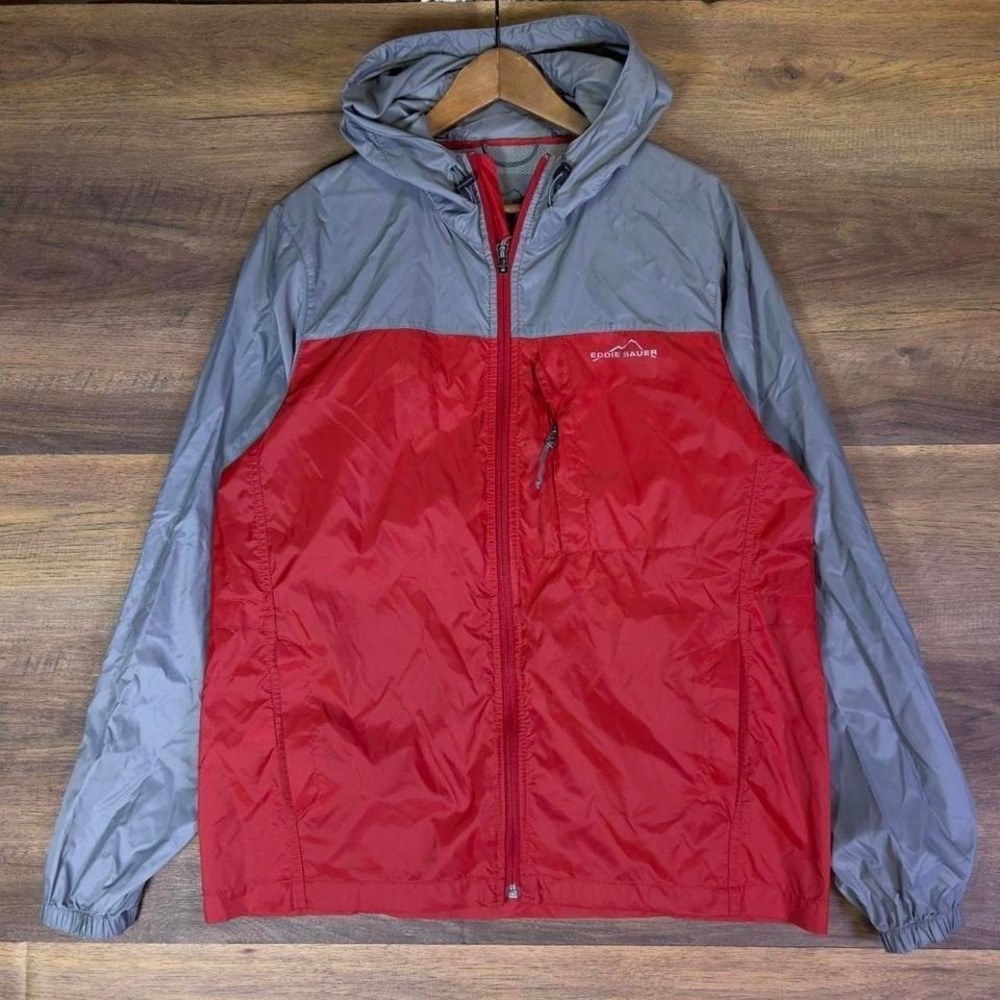 Eddie Bauer Hooded Windbreaker Jacket‎ Mens M Red Gray Lightweight